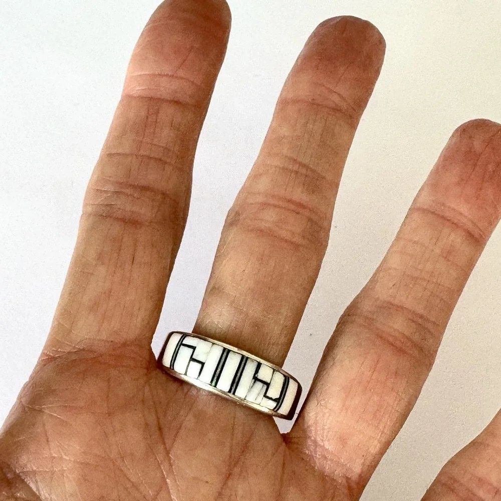 Navajo Inlay Wedding Band Ring‎ Sz 13 Opal White Buffalo 9mm Mens Signed AT